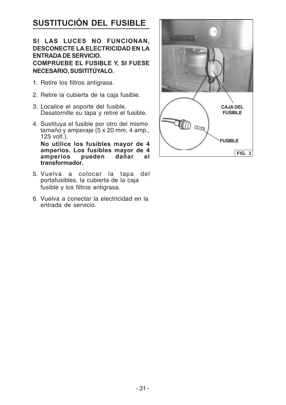 Sustitución del fusible | Broan E54000 User Manual | Page 31 / 44