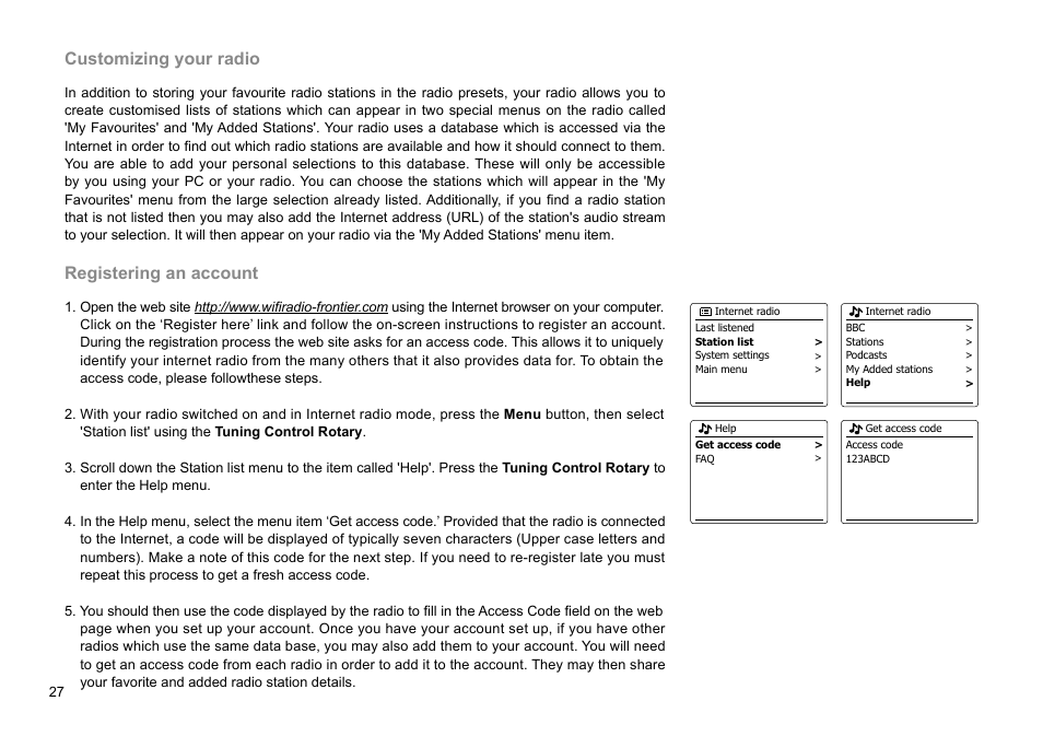 Customizing your radio, Registering an account | Sangean WFR-29C (V1) User Manual | Page 28 / 87