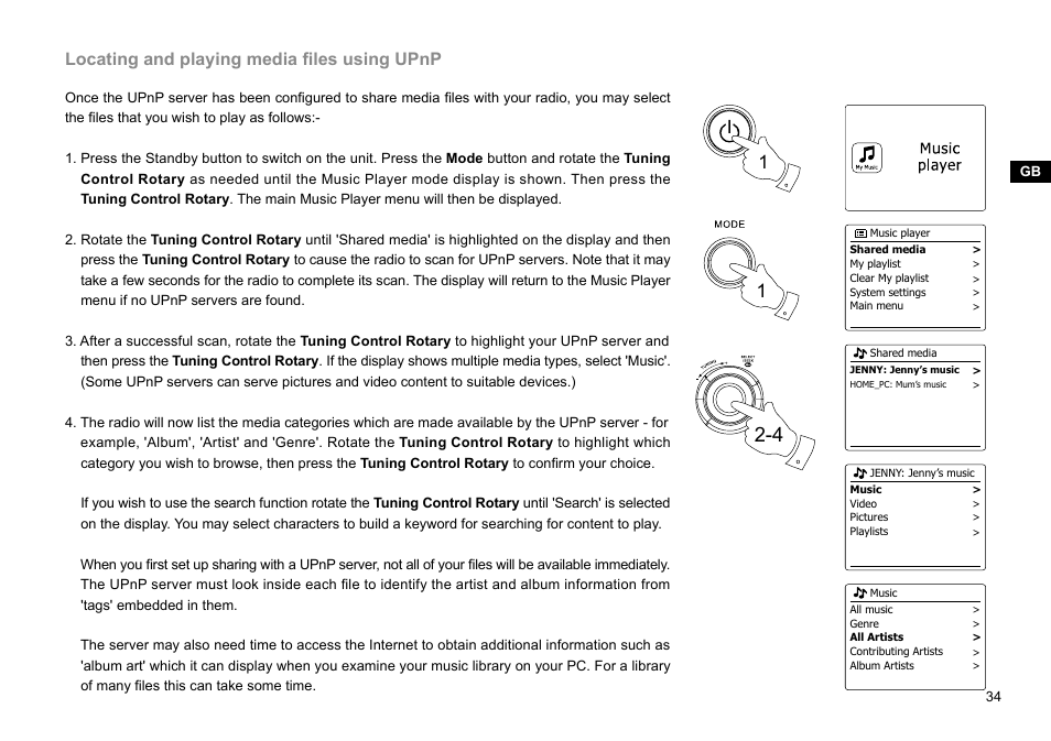 Locating and playing media files using upnp | Sangean WFR-29C (V1) User Manual | Page 35 / 87