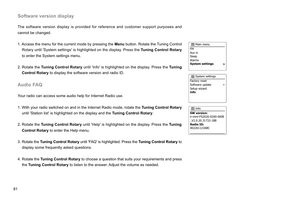 Software version display, Audio faq | Sangean WFR-29C (V1) User Manual | Page 82 / 87