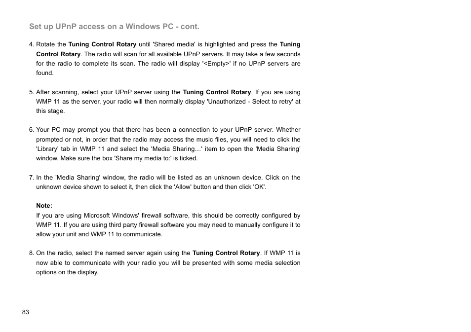 Set up upnp access on a windows pc - cont | Sangean WFR-29C (V1) User Manual | Page 84 / 87