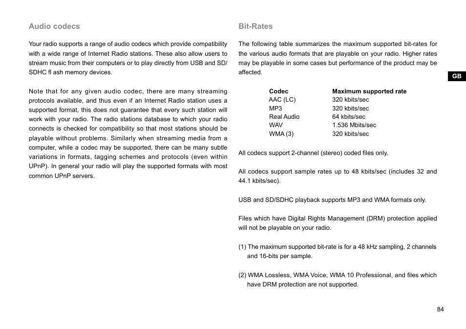 Audio codecs, Bit-rates | Sangean WFR-29C (V1) User Manual | Page 85 / 87