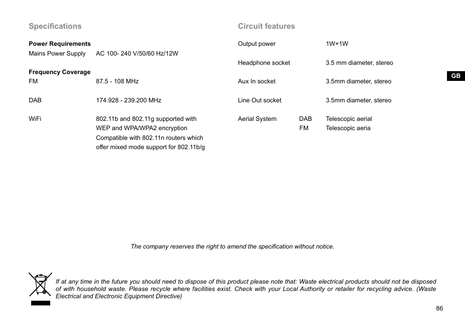 Specifications, Circuit features | Sangean WFR-29C (V1) User Manual | Page 87 / 87