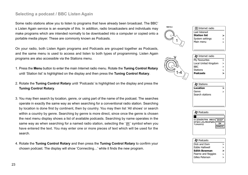 Selecting a podcast / bbc listen again | Sangean WFR-28C (R2) User Manual | Page 24 / 91