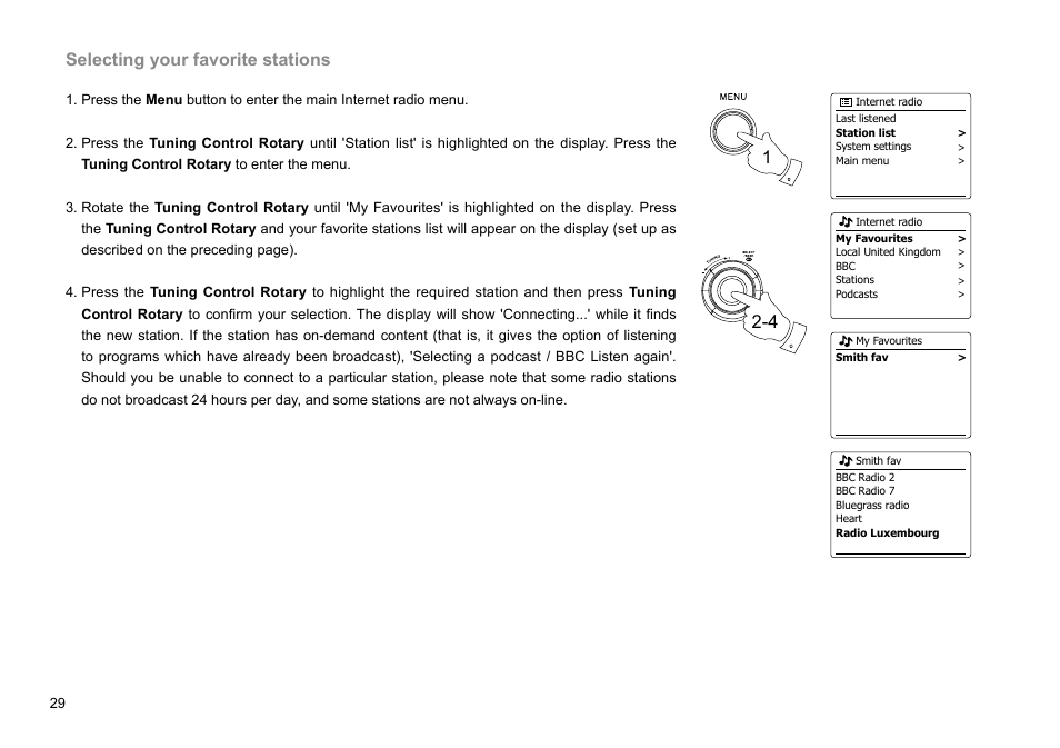 Selecting your favorite stations 1 2-4 | Sangean WFR-28C (R2) User Manual | Page 30 / 91
