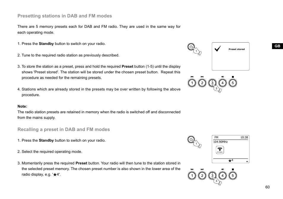 Presetting stations in dab and fm modes, Recalling a preset in dab and fm modes | Sangean WFR-28C (R2) User Manual | Page 61 / 91