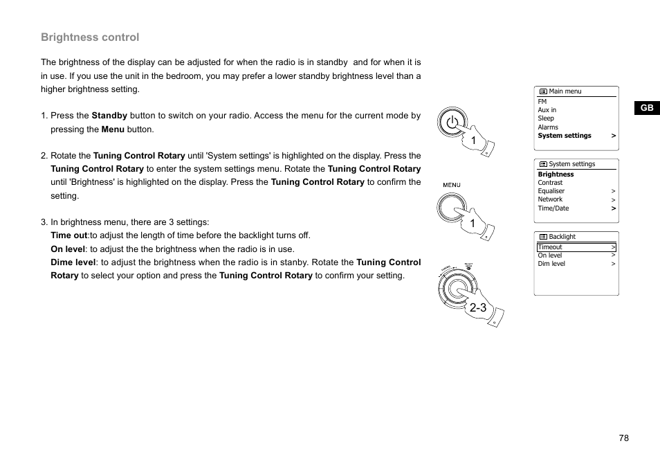 Brightness control | Sangean WFR-28C (R2) User Manual | Page 79 / 91