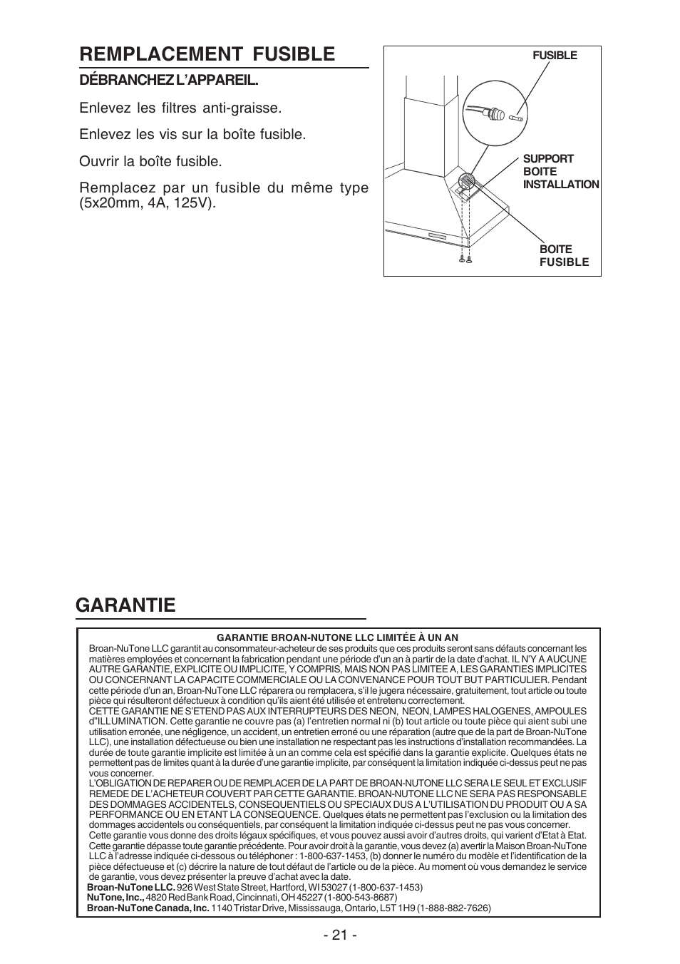 Remplacement fusible, Garantie | Broan 61000 User Manual | Page 21 / 36