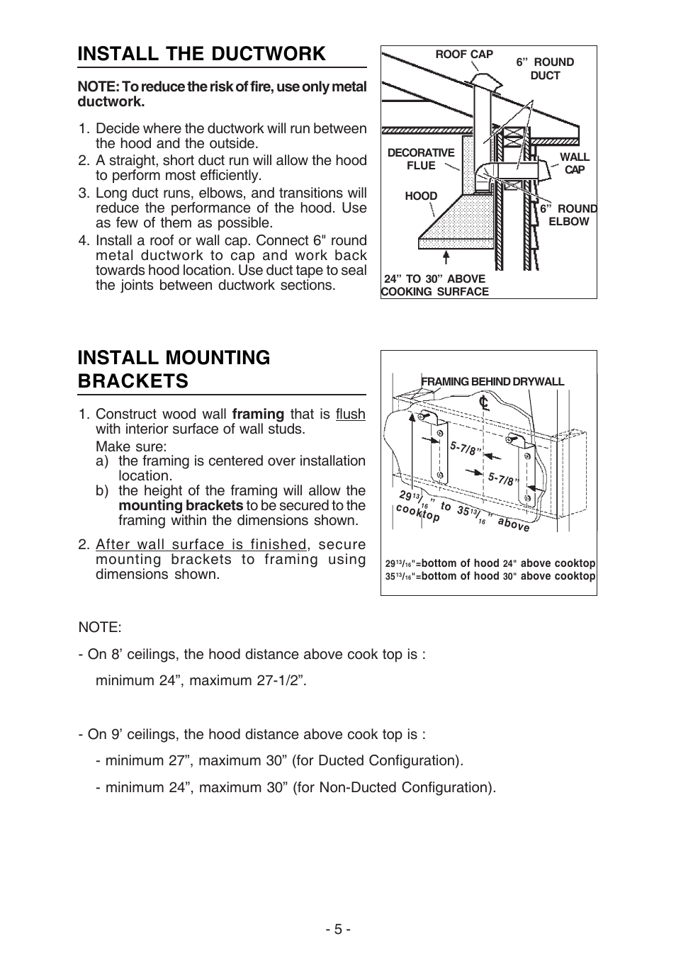 Install mounting brackets, Install the ductwork | Broan 61000 User Manual | Page 5 / 36