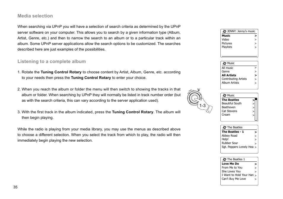 Media selection, Listening to a complete album | Sangean WFR-28C (R1) User Manual | Page 36 / 87