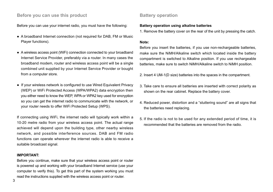 Before you can use this product, Battery operation | Sangean WFR-28C (R1) User Manual | Page 4 / 87