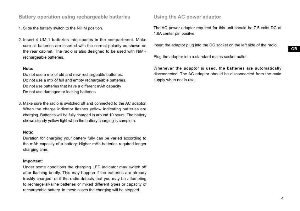 Using the ac power adaptor, Battery operation using rechargeable batteries | Sangean WFR-28C (R1) User Manual | Page 5 / 87