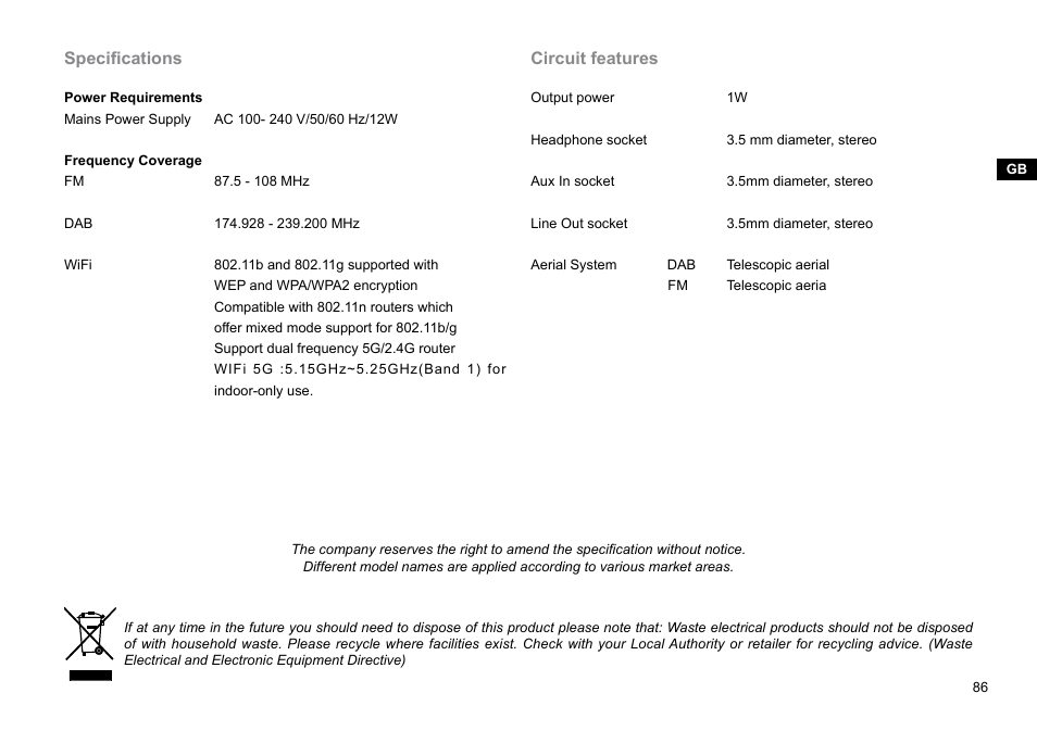 Specifications, Circuit features | Sangean WFR-28C (R1) User Manual | Page 87 / 87