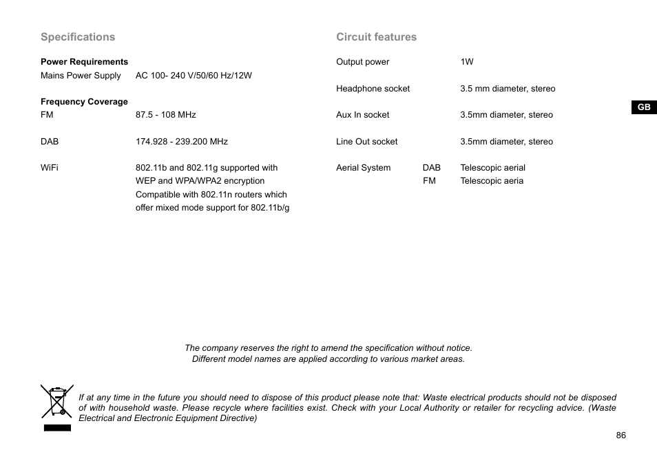 Specifications, Circuit features | Sangean WFR-28C (V1) User Manual | Page 87 / 87