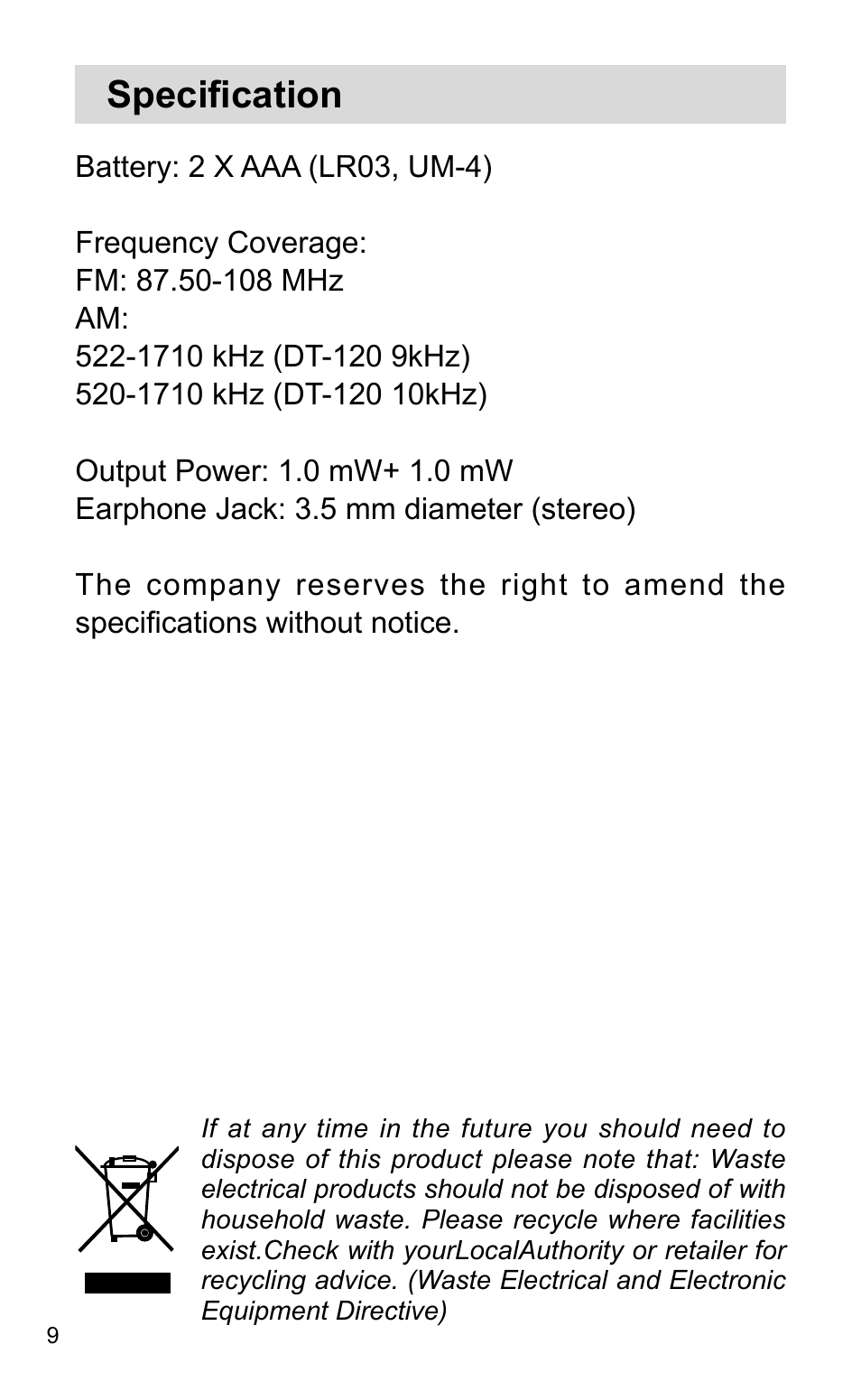 Specification | Sangean DT-120 (R3) User Manual | Page 10 / 10