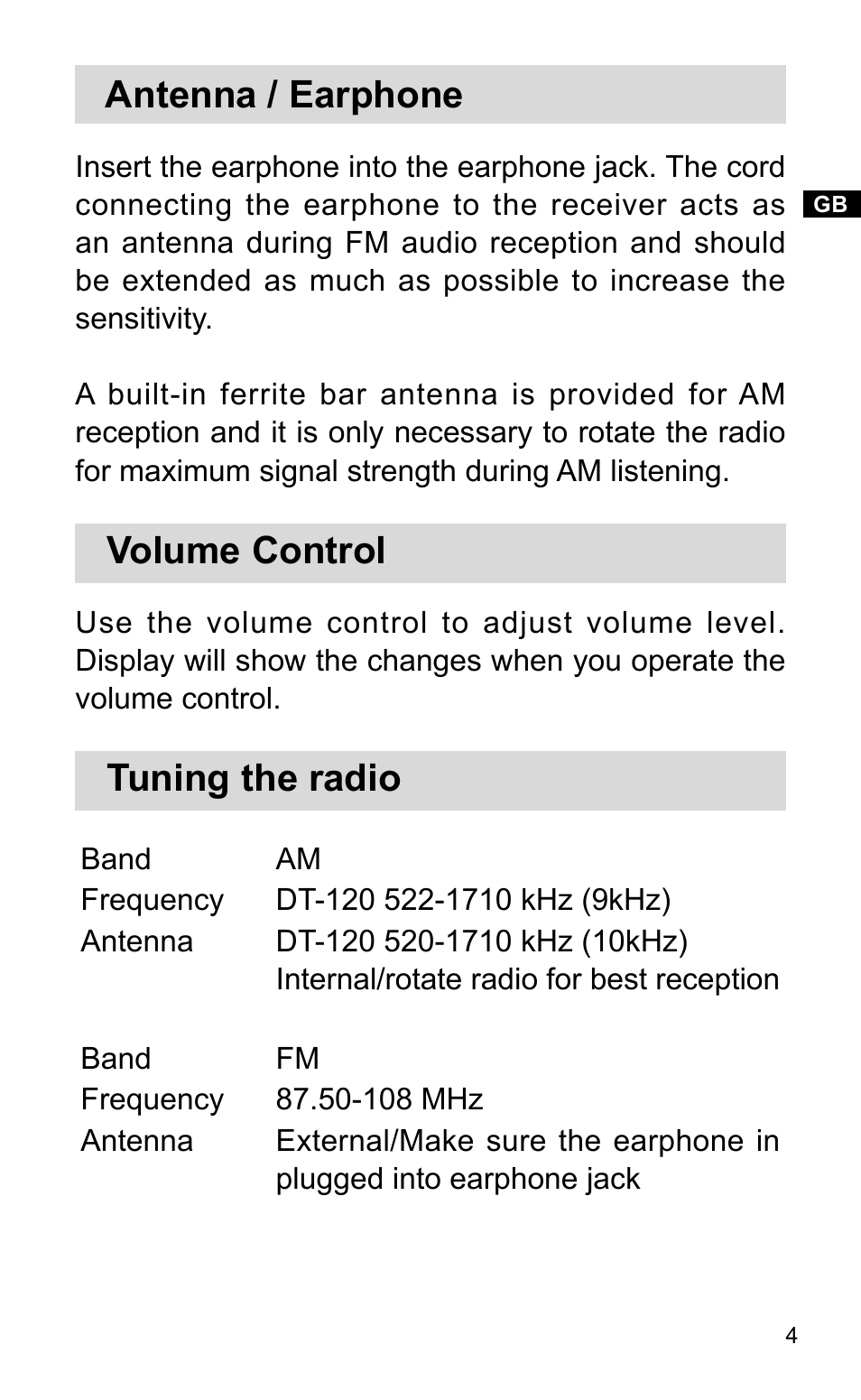 Antenna / earphone, Volume control, Tuning the radio | Sangean DT-120 (R3) User Manual | Page 5 / 10