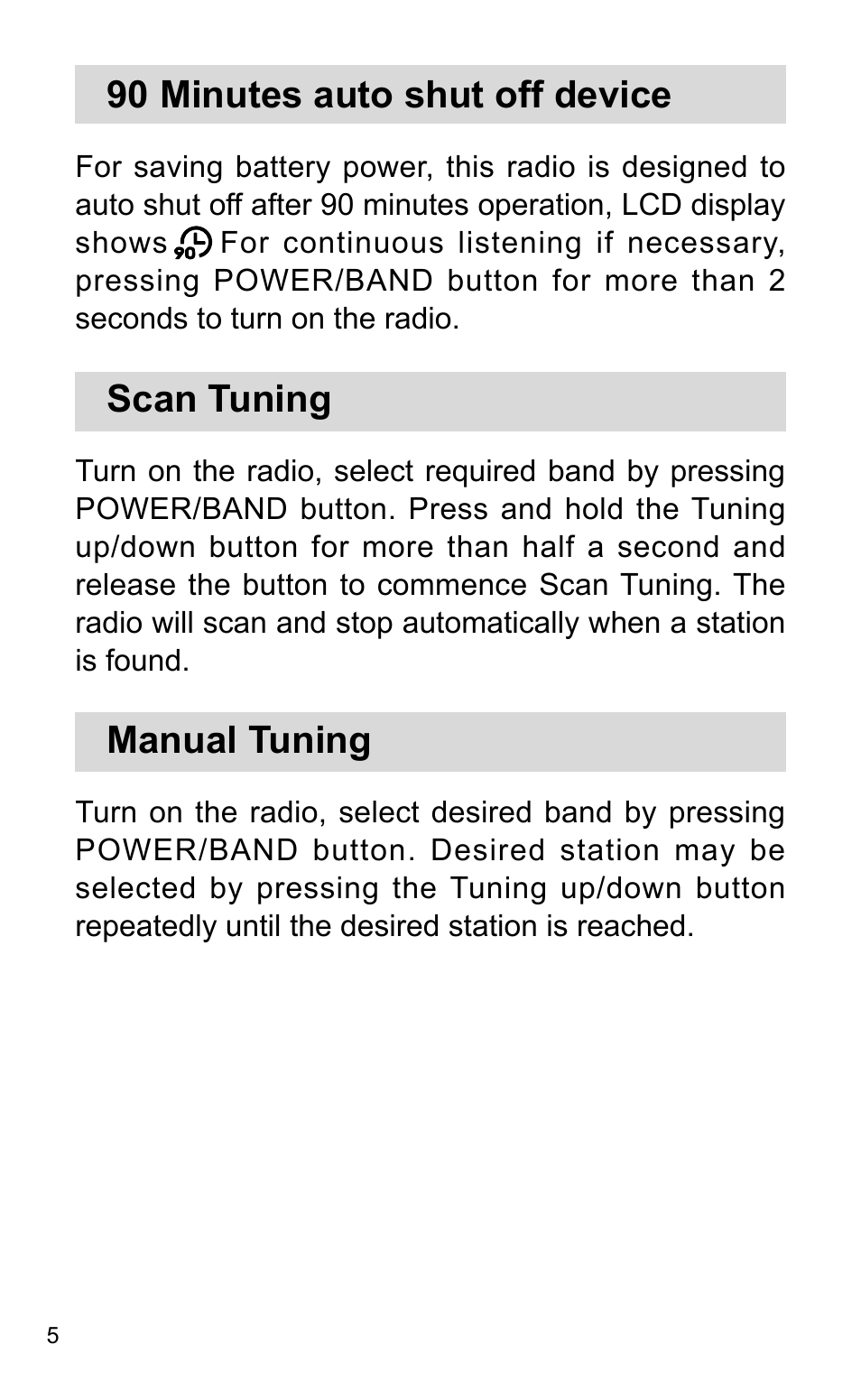 90 minutes auto shut off device, Scan tuning, Manual tuning | Sangean DT-120 (R3) User Manual | Page 6 / 10