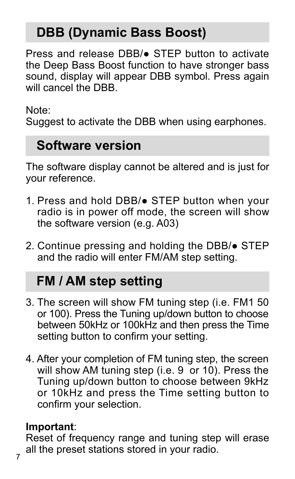 Dbb (dynamic bass boost), Software version, Fm / am step setting | Sangean DT-120 (R3) User Manual | Page 8 / 10