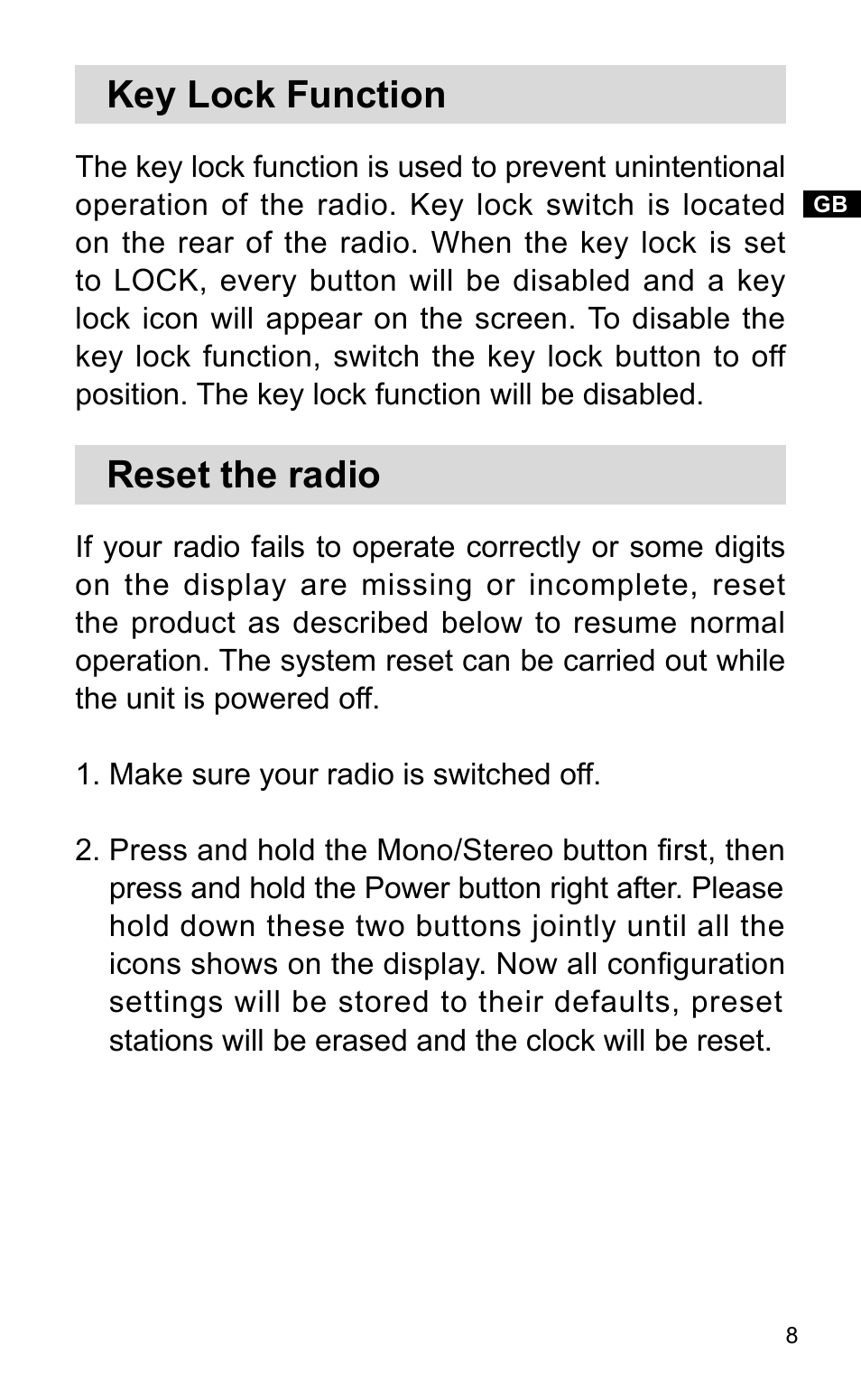 Key lock function, Reset the radio | Sangean DT-120 (R3) User Manual | Page 9 / 10
