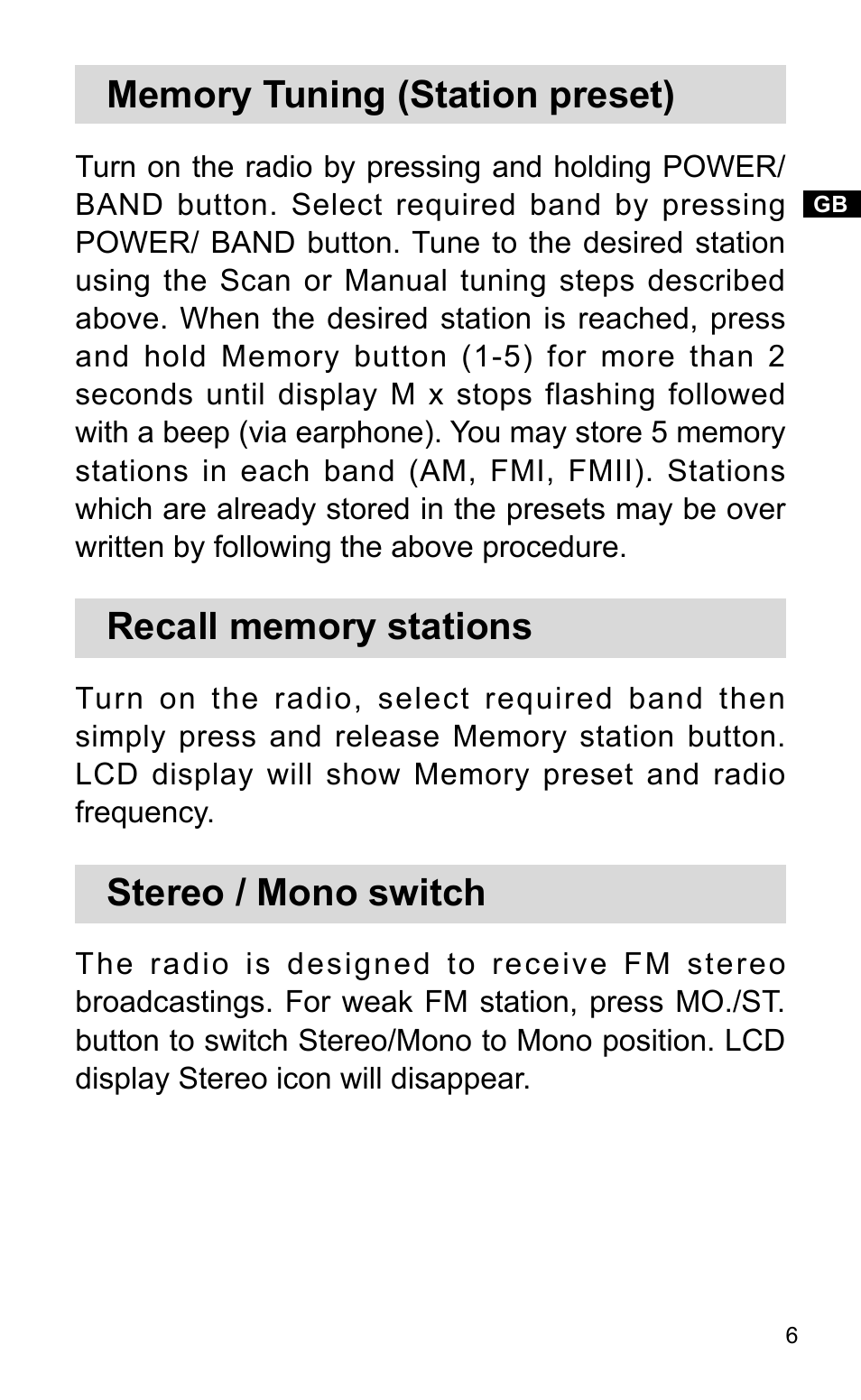 Stereo / mono switch | Sangean DT-120 (R2) User Manual | Page 7 / 10