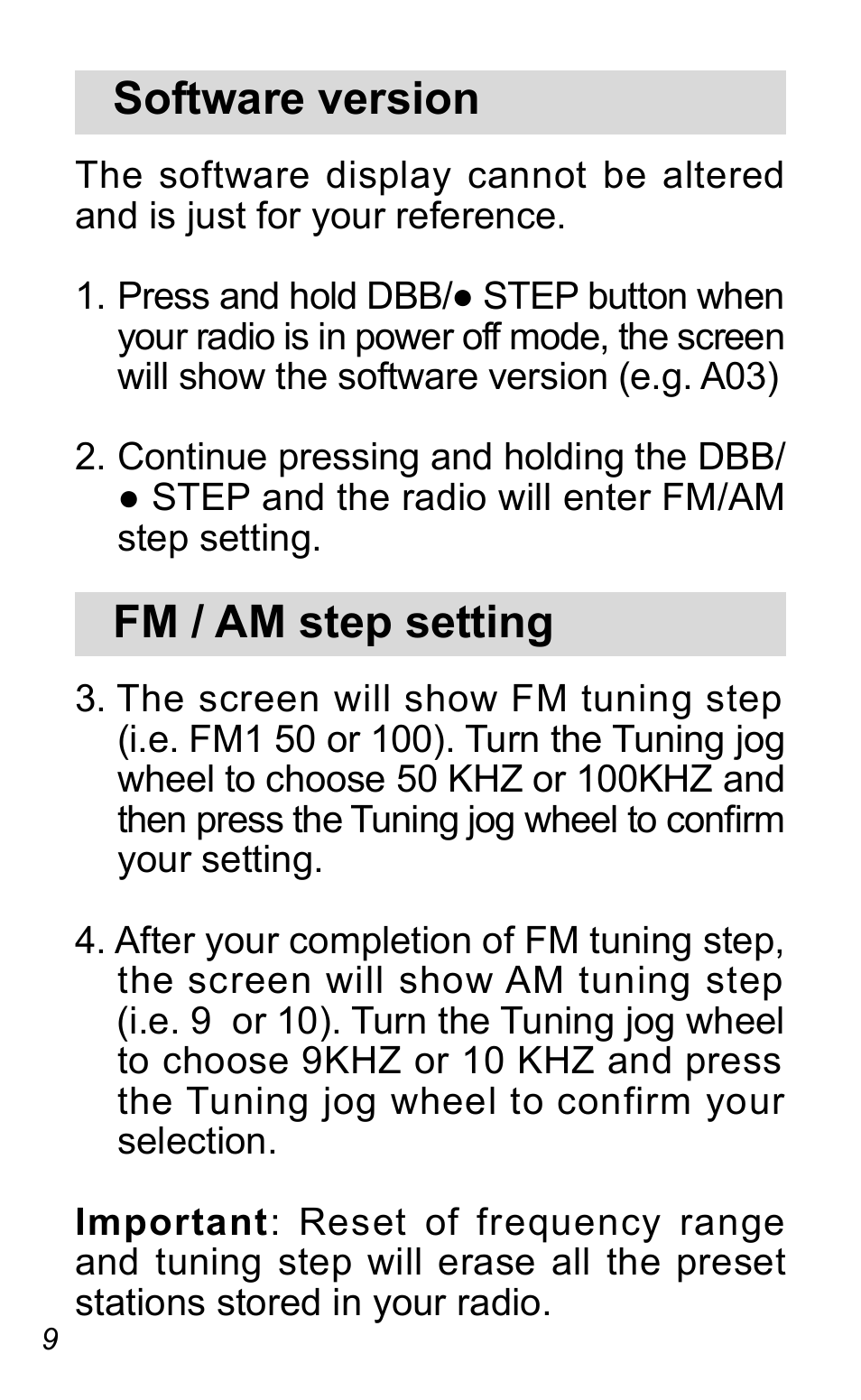 Software version, Fm / am step setting | Sangean DT-120 (R1) User Manual | Page 10 / 12