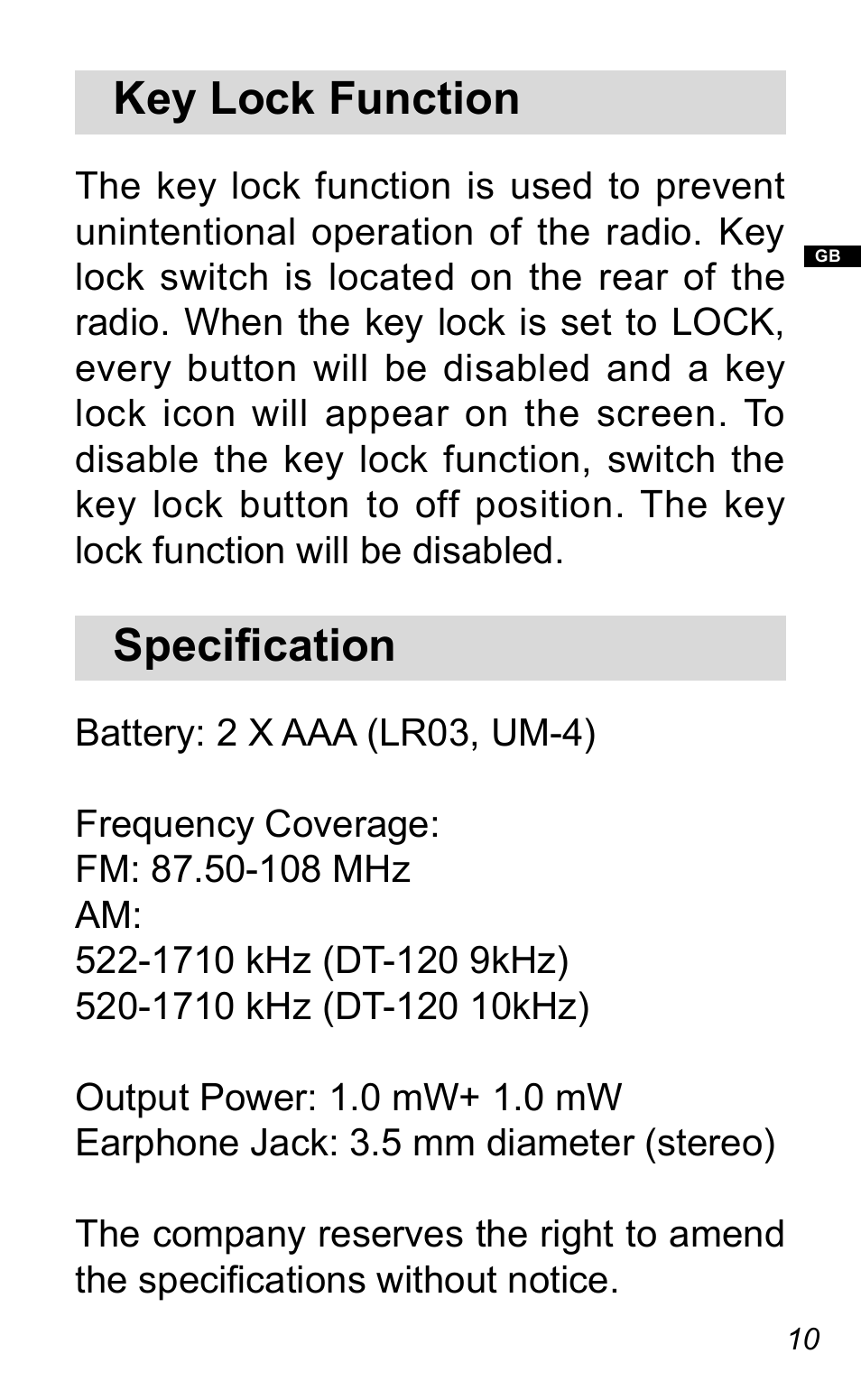 Key lock function, Specification | Sangean DT-120 (R1) User Manual | Page 11 / 12