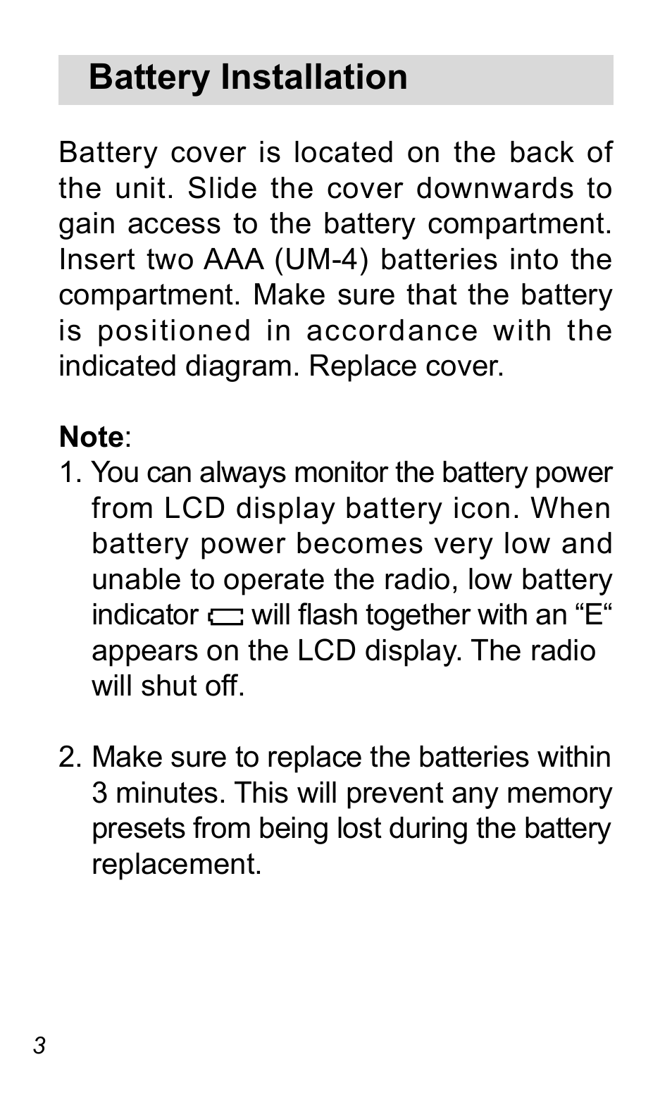 Battery installation | Sangean DT-120 (R1) User Manual | Page 4 / 12