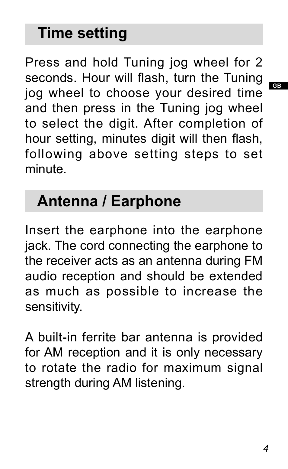 Time setting, Antenna / earphone | Sangean DT-120 (R1) User Manual | Page 5 / 12