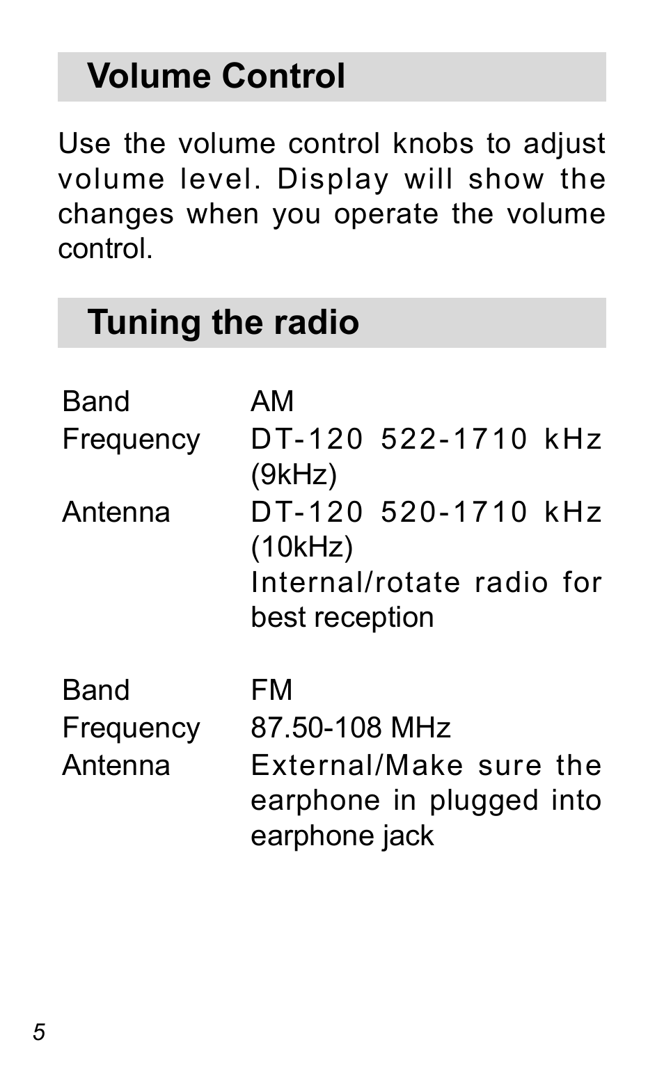Volume control, Tuning the radio | Sangean DT-120 (R1) User Manual | Page 6 / 12