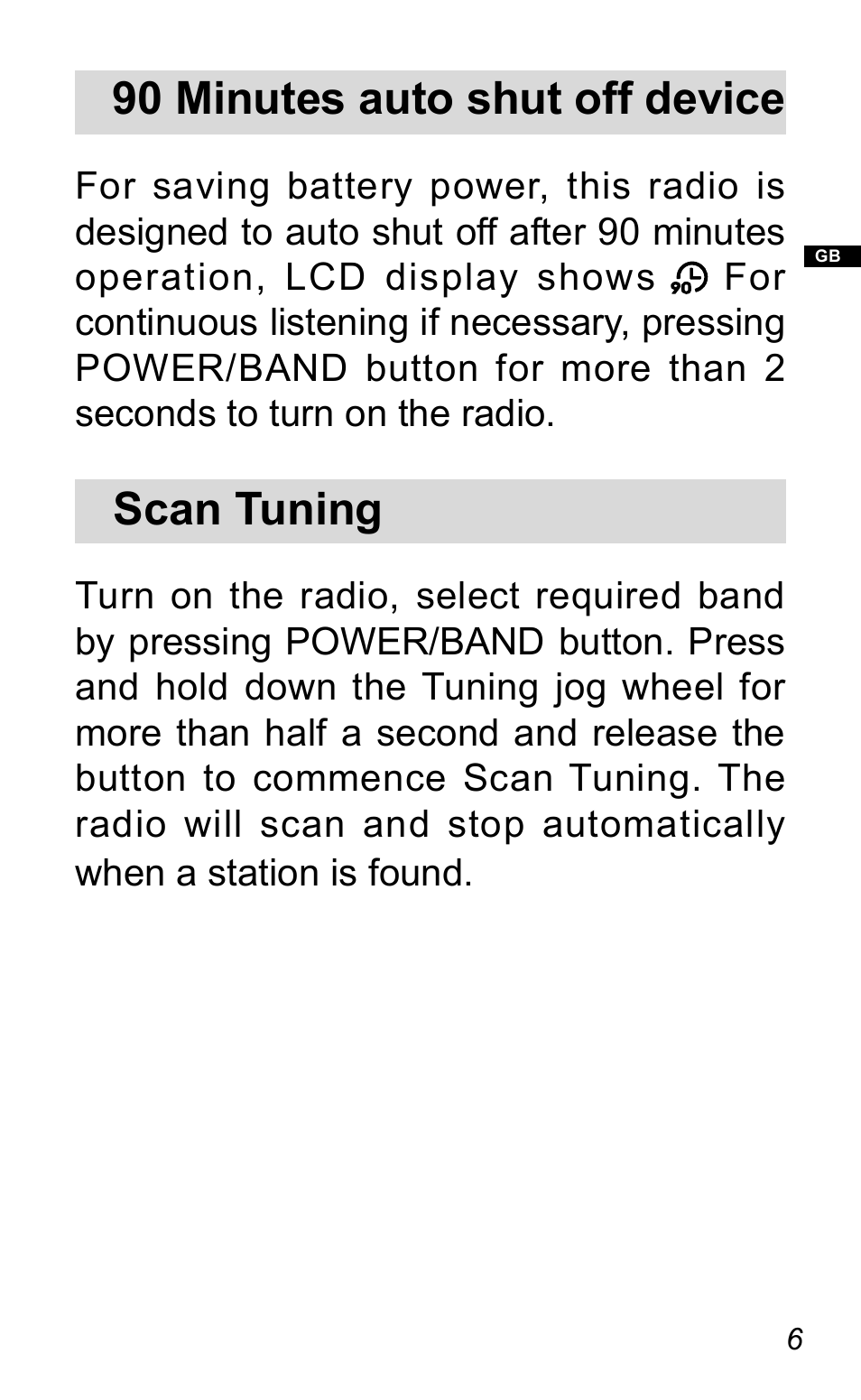 90 minutes auto shut off device, Scan tuning | Sangean DT-120 (R1) User Manual | Page 7 / 12