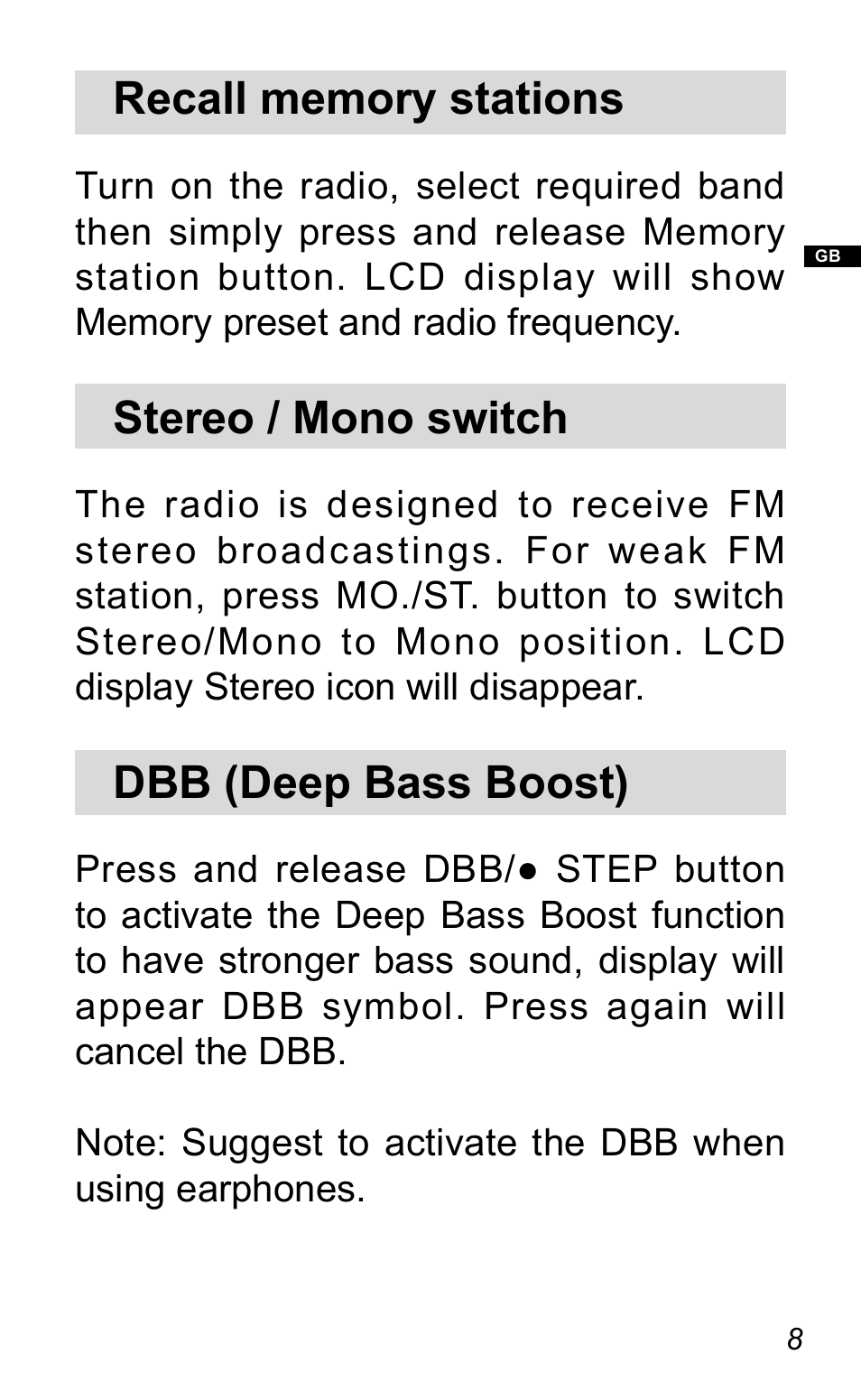 Stereo / mono switch, Dbb (deep bass boost) | Sangean DT-120 (R1) User Manual | Page 9 / 12