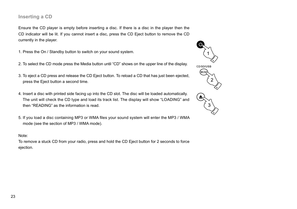 Inserting a cd | Sangean DMS-37BT (R2) User Manual | Page 24 / 56