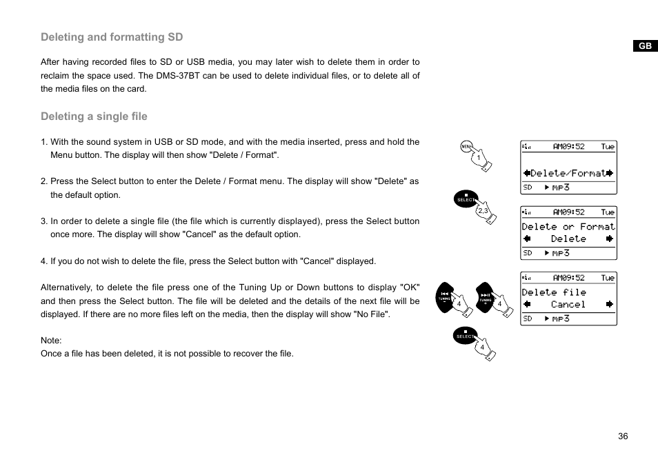 Deleting and formatting sd, Deleting a single file | Sangean DMS-37BT (R2) User Manual | Page 37 / 56