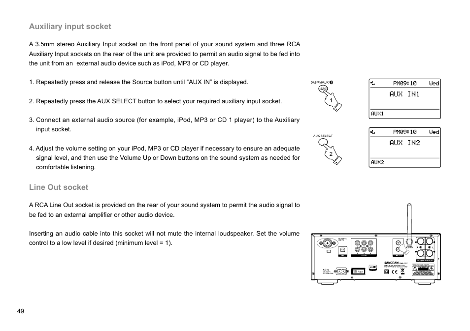 Auxiliary input socket, Line out socket | Sangean DMS-37BT (R2) User Manual | Page 50 / 56