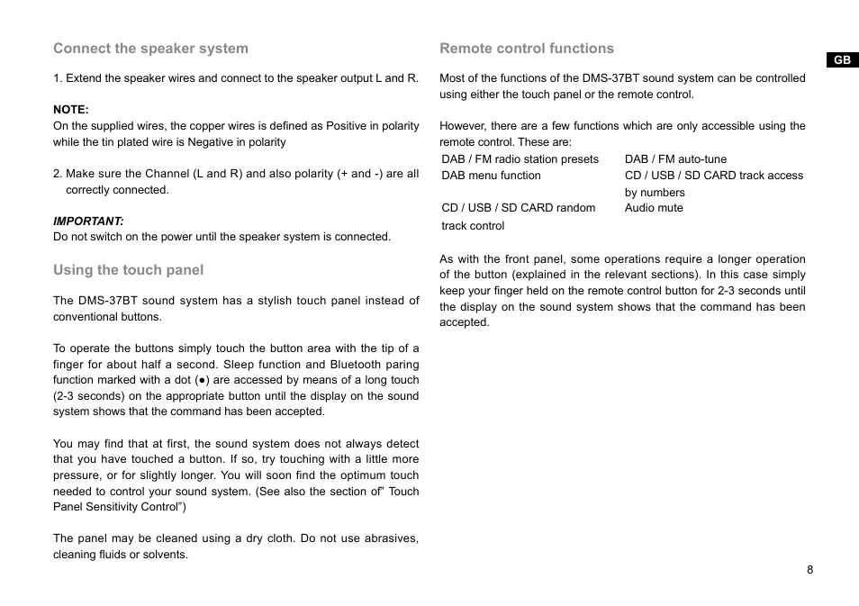 Connect the speaker system, Using the touch panel, Remote control functions | Sangean DMS-37BT (R2) User Manual | Page 9 / 56