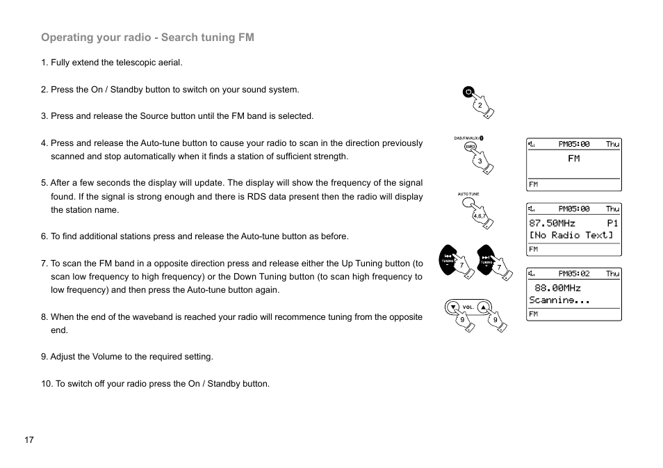 Operating your radio - search tuning fm | Sangean DMS-37BT (R1) User Manual | Page 18 / 56