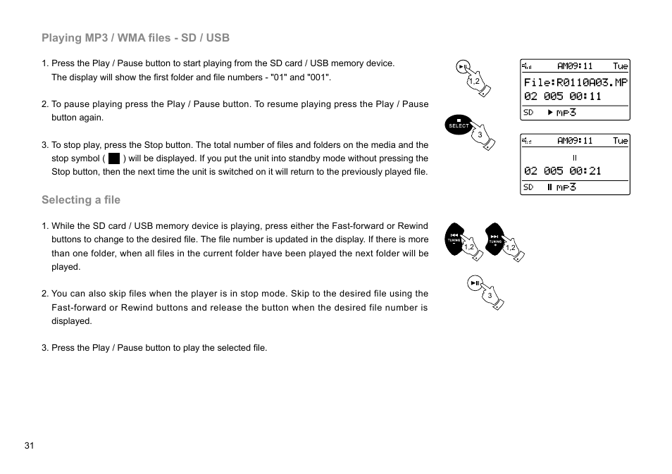 Playing mp3 / wma files - sd / usb, Selecting a file | Sangean DMS-37BT (R1) User Manual | Page 32 / 56