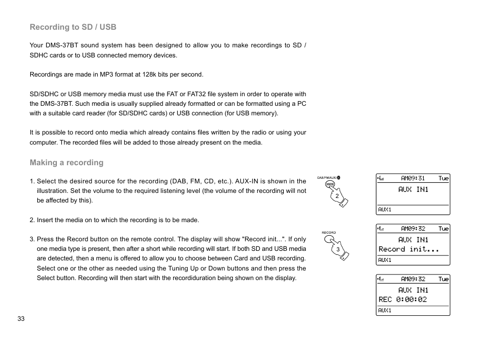 Recording to sd / usb, Making a recording | Sangean DMS-37BT (R1) User Manual | Page 34 / 56
