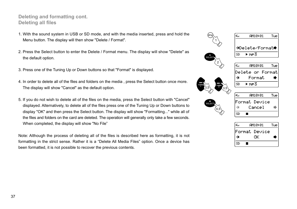 Deleting and formatting cont. deleting all files | Sangean DMS-37BT (R1) User Manual | Page 38 / 56