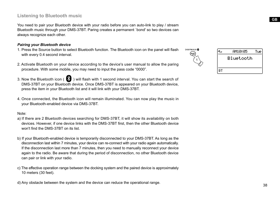 Listening to bluetooth music | Sangean DMS-37BT (R1) User Manual | Page 39 / 56
