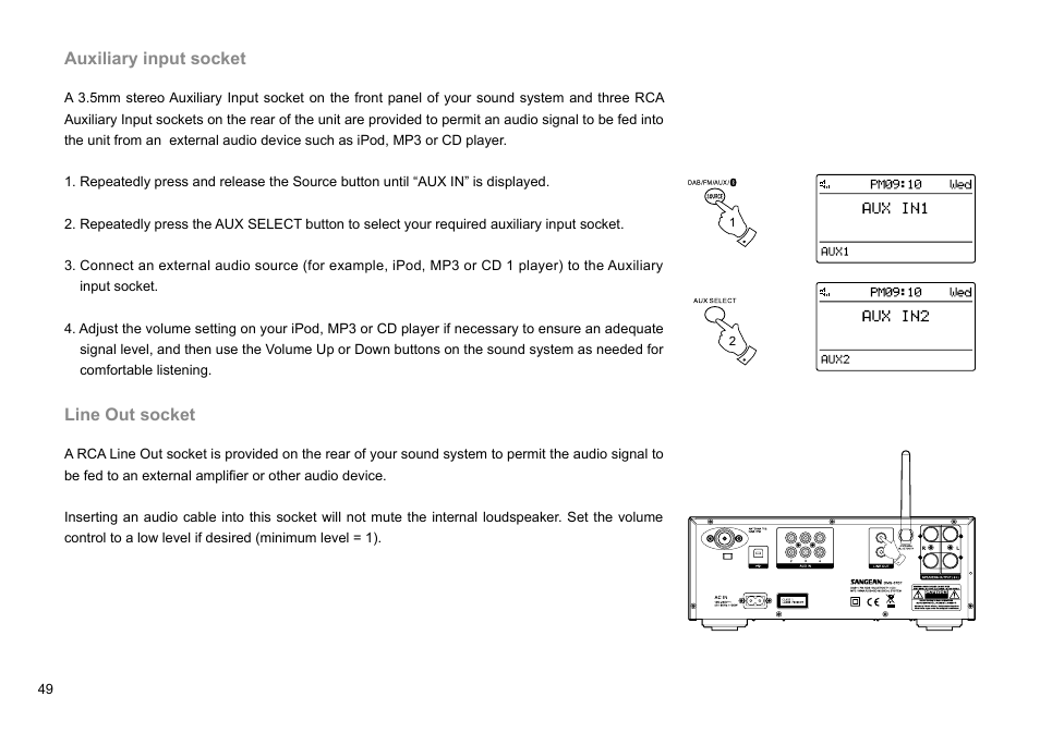 Auxiliary input socket, Line out socket | Sangean DMS-37BT (R1) User Manual | Page 50 / 56