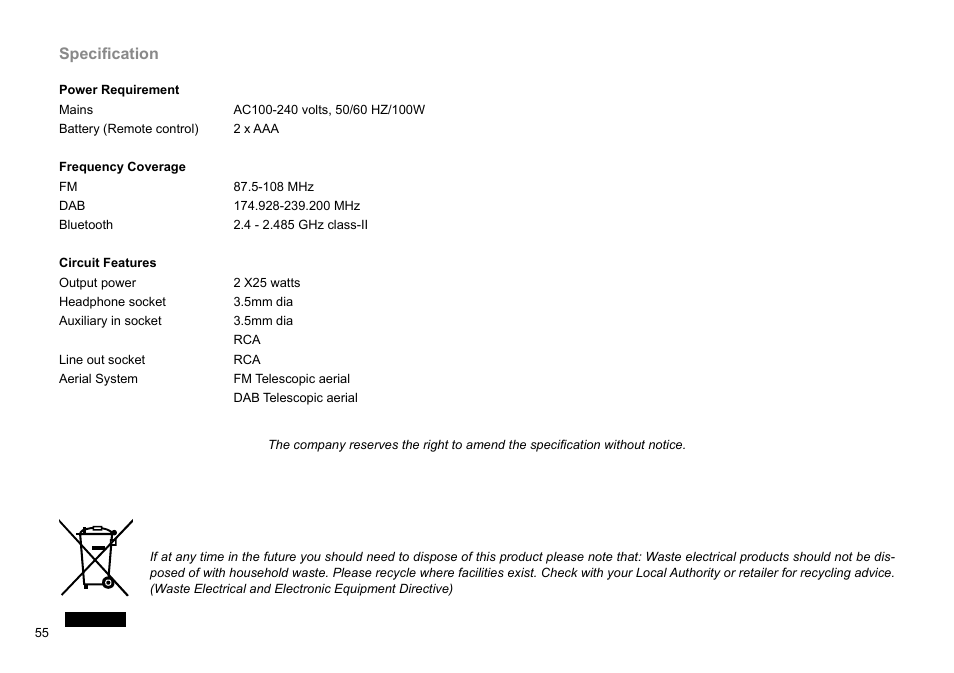 Specification | Sangean DMS-37BT (R1) User Manual | Page 56 / 56