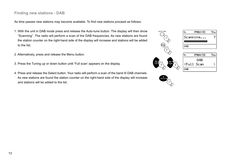 Finding new stations - dab | Sangean DMS-37BT (V1) User Manual | Page 14 / 56