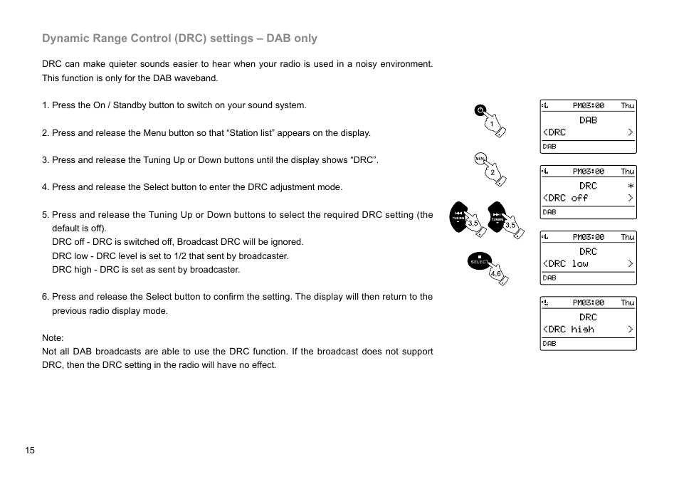 Dynamic range control (drc) settings – dab only | Sangean DMS-37BT (V1) User Manual | Page 16 / 56