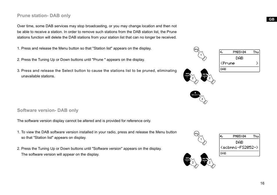 Prune station- dab only, Software version- dab only | Sangean DMS-37BT (V1) User Manual | Page 17 / 56
