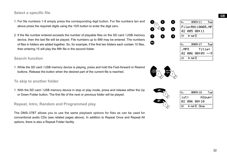 Select a specific file, Search function, Repeat, intro, random and programmed play | Sangean DMS-37BT (V1) User Manual | Page 33 / 56