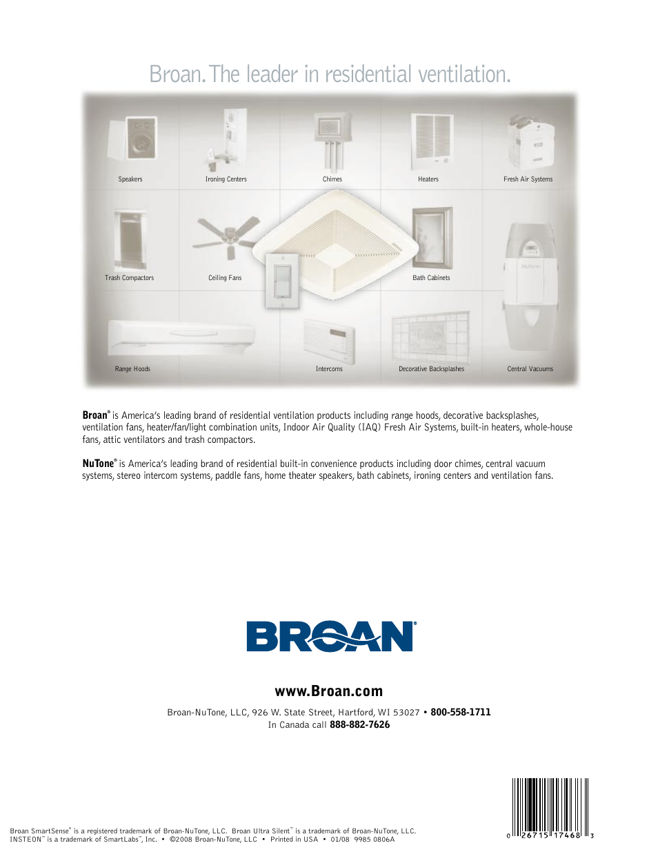 Broan. the leader in residential ventilation, Broan | Broan SmartSense User Manual | Page 6 / 6