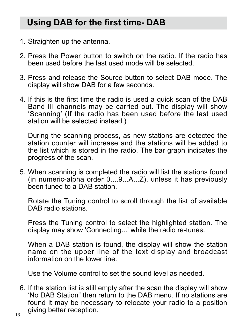Using dab for the first time- dab | Sangean U4 DBT (V1) User Manual | Page 14 / 49