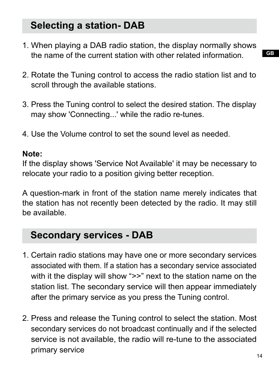 Selecting a station- dab, Secondary services - dab | Sangean U4 DBT (V1) User Manual | Page 15 / 49