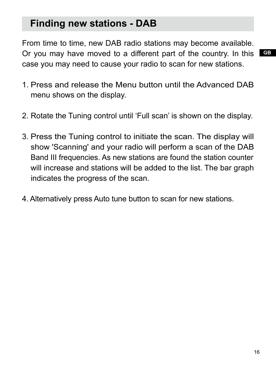 Finding new stations - dab | Sangean U4 DBT (V1) User Manual | Page 17 / 49